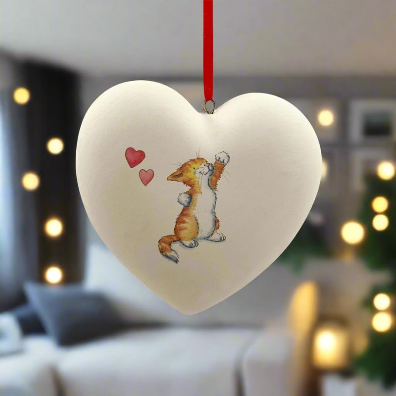 Image Industry Cat Ginger & White Ceramic Heart Bauble -