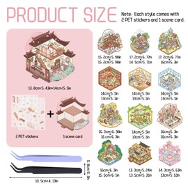 13 Sets DIY 3D Sticker Scene with Tweezers, Isometric Sticker Scenes for Adults, Make Your Own House Shop, Reusable Small Cute Scrapbook Supplies for Relief Stress Pass The Time (13 Scenes)
