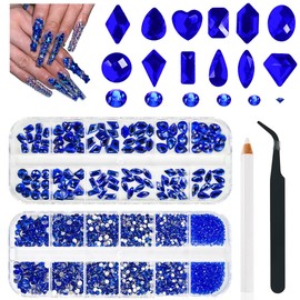 2630Pcs Blue Nail Rhinestones Flatback Royal Blue Sapphire Round Beads Glass Gems Stones Nail Art Gems Diamonds jewels Multi Shapes Sizes Nail Charms for Nails DIY Makeup Crafts Clothes Shoes Jewelry