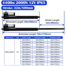 KM-LINEARTECH 32" 440lbs 12V Electric Linear Actuator Long Stroke 32inch 800mm 2000N Speed 0.3"/sec Heavy Duty Waterproof IP65 with Mounting Brackets for Automation, Lift Table, Garage Gate Opener