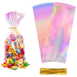 Cellophane Treat Bags,Cello Bags, Iridescent Holographic,Colorful Holographic Cookie Bags for Gifting with Twist Ties 100 Pcs, 10x24cm, Party Favor Packaging Bags