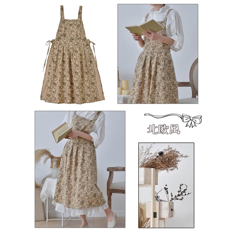 LeafIn Women's Flower Pattern Apron One-Piece Cotton 2-Way Pocket Long