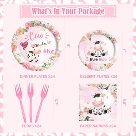 Hombae Holy Cow Im One Birthday Party Supplies Girl Tableware Set, Cow 1st Birthday Decorations, First Birthday Decorations for Girl, Pink Cow Themed Plates, Napkins, Forks, Serves 24 Guests