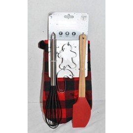 New 5pc Holiday Candy Cane & Gingerbread Man Cookie Cutters, Rubber Spatula & Red & Black Checker Oven Mitt & Silicone and Stainless Whisk Kitchen Baking Set