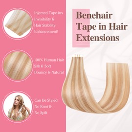 Benehair Invisible Tape in Injected Hair Extensions Real Human Weft Remy Natural Real Hair Extension Straight 10 Pcs Dark Blonde Mix Bleach Blonde 20 Inches (25g)