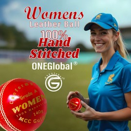 ONEGlobal Supreme Genuine Leather 5oz Cricket Ball for Womens | 4-Piece 142g Handstitched Hard Crciket Ball | Match Quality Cricket Balls for Girls (1-Red)
