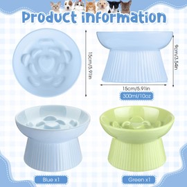 Tioncy 2 Pcs Ceramic Slow Feeder Raised Cat Bowl Cat Food Bowl Elevated Cat Bowls Dry Wet Food and Water Bowl Easy to Clean Pet Bowls High Edge for Cats Small Dogs, Dishwasher Safe (Green, Blue)
