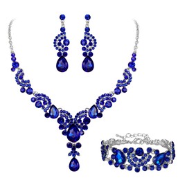 Ever Faith Wedding Bridal Jewellery Set, Rhinestone Crystal Art Deco Floral Vine Teardrop Necklace Earrings Bracelet Set Blue Silver-Tone