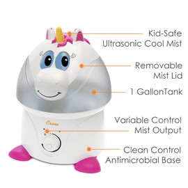 Crane Unicorn Ultrasonic Cool Mist Humidifier with Auto Shut-Off, For Baby Nursery and Kids Room, 1 Gallon Tank, Animal Humidifier For Kids Room