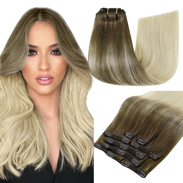 RUNATURE Clip-In Real Hair Extensions, 50 cm, Balayage Blonde, Ombre, Brown, Invisible Extensions, Clip-In Real Hair, 7 Pieces, 120 g, Colour #8/60