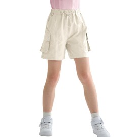 Rolanko Girls' Sports Shorts Kids Summer Midi Length Cargo Parachute Shorts for Teen Running Gymnastics, beige