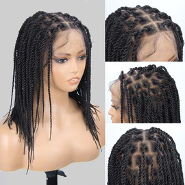 QUISDUIS Senegal Twist Wigs, 12 "360° HD Full Single-layer Lace Two Braid Wigs for Black Women Square Knotless 2 Braid Wig with Baby Hair Handmade Synthetic Hair Blended Lace Front Wig (Natural Black)