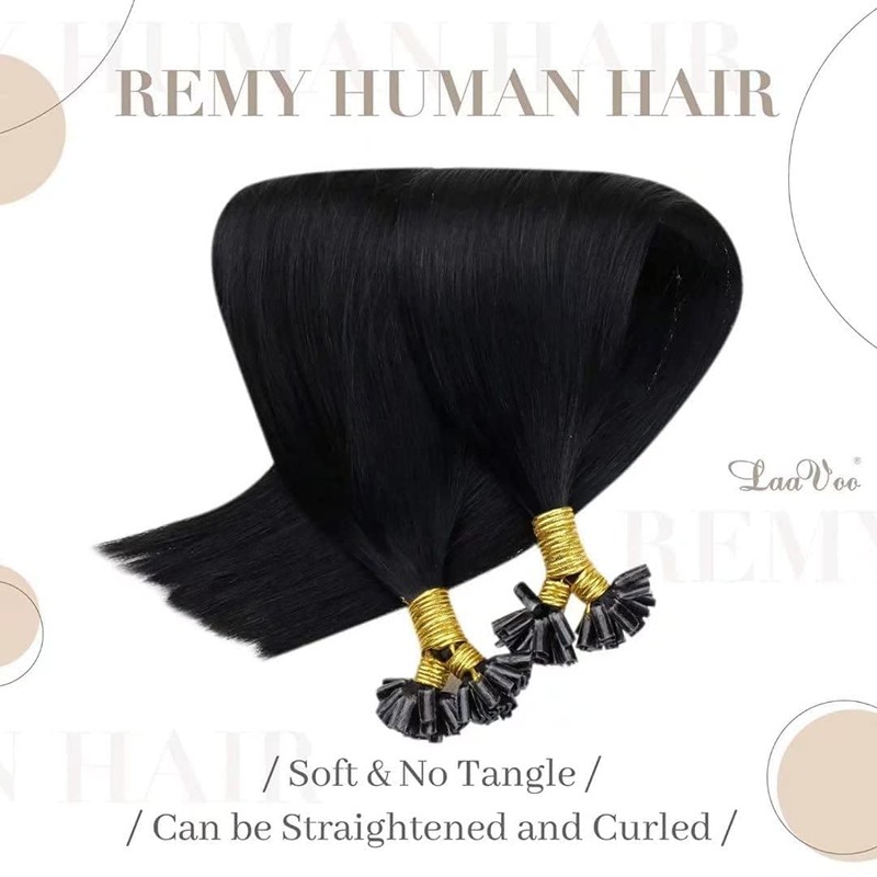 LaaVoo Bonded Real Hair Extensions, Keratin, Remy Hair, Black, 45