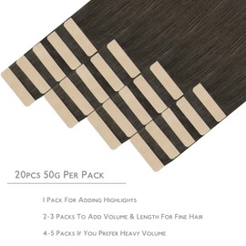 WENNALIFE Tape-In Real Hair Extensions, Real Hair, Pack of 20, 50 g, 40 cm/16 Inches, Cool Dark Brown, Remy, Invisible Tape Extensions, Silky Straight, Skin Weft Tape Ins