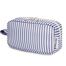 Narwey Small Makeup Bag for Purse Travel Makeup Pouch Mini Cosmetic Bag Zipper Pouch for Women (Greyish Blue Stripe, Small)