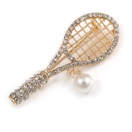 Avalaya Clear Crystal Tennis Racket with Pearl Bead Ball Brooch in Gold Tone Metal - 55mm Across