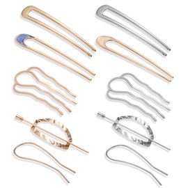 Gosknor 10pcs French Hair Pin, 5 Styles Alloy Fork Clip U-Shape Hairpin French Twist Hairpin for Women Hair Styling Accessories (Gold, Silver)
