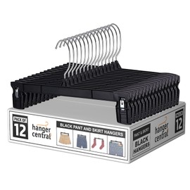 Hanger Central 12 Pack Space Saving Heavy Duty Slim Plastic Pants, Skirts, Shorts Hangers, Ridged Non-Slip with Pinch Clips, 360-Rotating Chrome Swivel Hook, in Black, 12 Inches