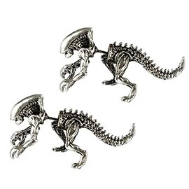 Alien vs Predator Movie Xenomorph Silvertone Front and Back Metal Stud Earrings