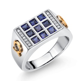 Gem Stone King Men's 10K Yellow Gold and 925 Sterling Silver Blue Created Sapphire and White Lab Grown Diamond Ring (1.27 Ct, Available In Sizes 9 to 13)
