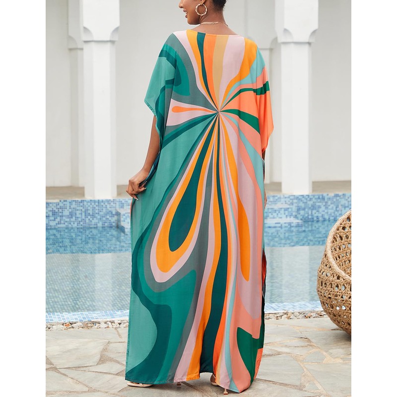 Bsubseach Women's Ethnic Print Kaftan Beach Maxi Dresses, Striped pattern