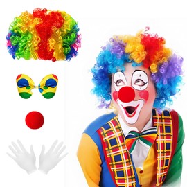 Clown Costume Set Clown Rainbow Wig Nose Bow Tie White Gloves Accessories for Parties Carnivals Pretend Play Women Men Adults (4pcs)