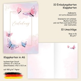 10 x Invitation Cards Butterfly Watercolour with Envelopes Folding Cards Invitation Party Birthday Children Birthday Envelopes Elegant Wedding Anniversary 20 30 40 50 60 70 80