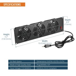 Tecmojo 3U Rack Mount Fan Panel, 3 Fans Cabinet Cooling Fans, 19in 6ft Cord Server Cooling System for Audio Rack and AV Cabinet in Office, Theater(Vertical Assemble)