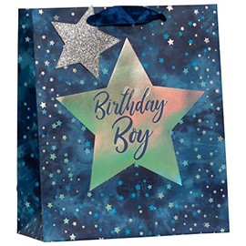 Partisan Products Holographic Birthday Boy Occassions Gift Bag Blue Silver With Star Gift Tag Medium