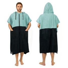 Zingtto Surf Poncho Changing Towel, Extra Large Zippered Thick Towel Poncho for Men Women with Hood Pocket for Beach Swimming Changing Robe, Large, Black Teal