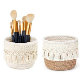Set of 2 Makeup Brush Holders - Mini Braided Cotton Storage Baskets for Pens, Pencils, and Makeup Brushes - Boho Decor Organizer