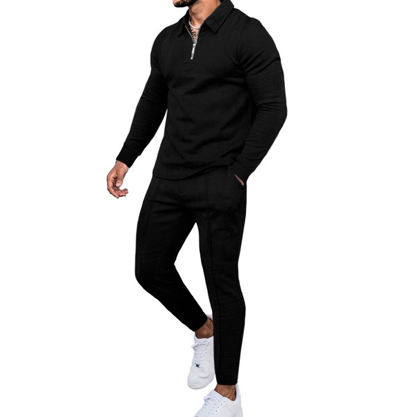 LecGee Men's Tracksuit Polo Sirt and Pants Set Solid Waffle