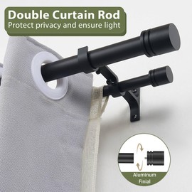 Double Curtain Rods 36-72 Inches for Windows, 1 Inch Diameter Adjustable Heavy Duty Drapery Rod with Aluminum Alloy Brackets and Finials, Modern Stylish Dual Curtains Rod, Matte Black