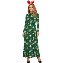 Women's Christmas Casual Long Sleeve Holiday 3D Dress Graphic Ugly Funny Maxi Outfit Gingerbread Candy XL