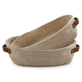 TENQUAN Pack of 2 Basket Storage, Braided Basket Made of Cotton Rope 34 x 17 x 10 cm with Leather Handle, Storage Basket for Wardrobe, Shelf, Decorative Kitchen, Bedroom, Bathroom (Light Brown)