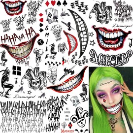 5 Sheets Joker Tattoos Stickers, Hand Damaged Joker Face Tattoos For Women Men Adults, 3D Fake Halloween Temporary Tattoos Makeup Kit Set Clown Inmate Prison Scary Halloween Makeup Accessory Costume