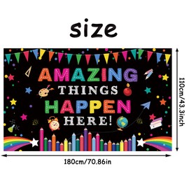 DARUNAXY Classroom Decorations, Colorful Amazing Things Happen Here Banner Welcome Back to School Poster Backdrop Inspirational Wall Decor for Kindergarten Preschool Elementary Middle School