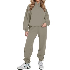 REORIA Women's Soft Cotton Leisure Suit, Thick Leisure Suit, Warm Tracksuit, Jogging Suit Set, Half Zip Tracksuits with Fleece Lining, Grey-green