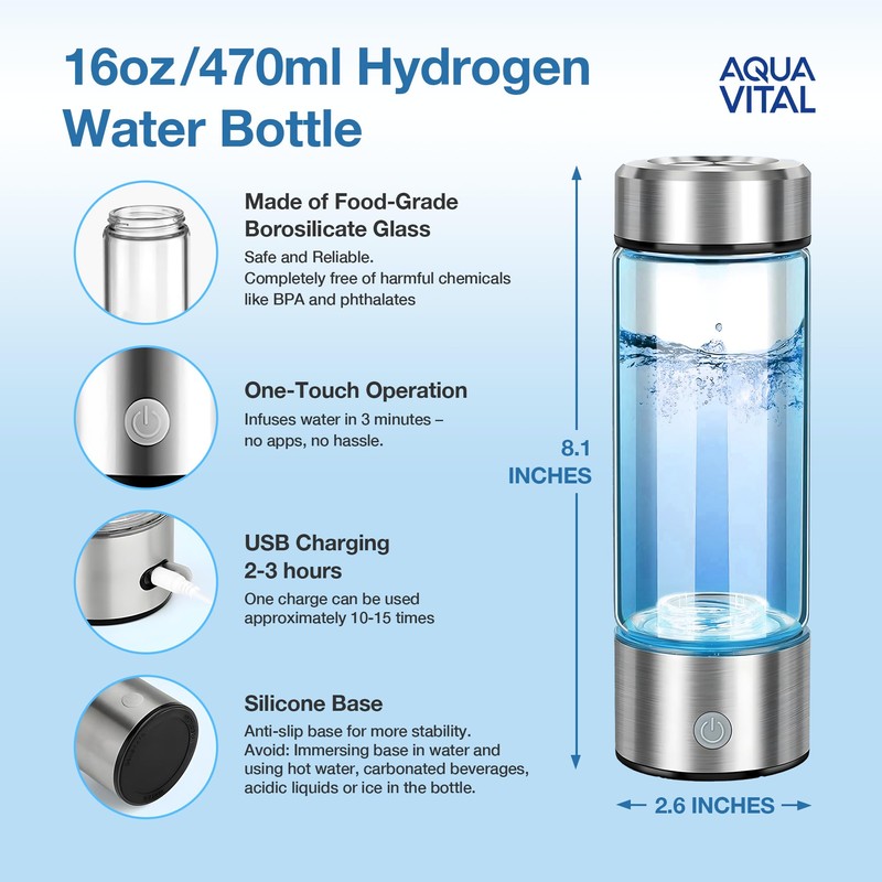 Aqua Vital Hydrogen Water Bottle 2026 Generator 16 oz/470 ml