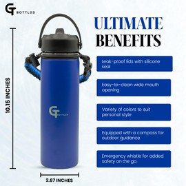 GT BOTTLES 22oz Stainless Steel Vacuum Insulated Wide Mouth Water Bottle with 3 Lids and Paracord Handle for Hot & Cold Beverage (Dark Blue, 22oz)