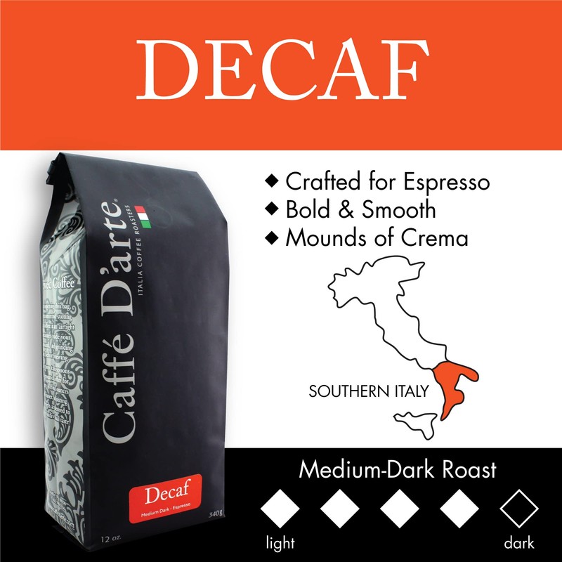 Caffe D'arte Decaf Whole Bean Espresso Coffee, 12 Ounce