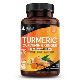 Turmeric Tablets 2600mg High Strength with Black Pepper & Ginger (6 Months Supply) Active 95% Turmeric Curcumin Supplements 365 Tablets Not Capsules, Vegan, UK Made by New Leaf