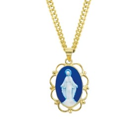Women's 16kt Plated Sterling Silver Dark Blue Miraculous Mary Cameo Pendant Medal Necklace 18" Gold Plated Stainless Steel Chain Double Sided Capodimonte Porcelain, Made in Italy, Deluxe Velvet Gift Box