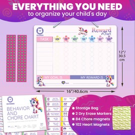 QUOKKA Magnetic Behavior Chore Chart for Kids at Home - Pink Reward Visual Schedule Chart - Dry and Erase Routine and Responsibility - Use 99 Magnets, Markers, Stickers - from Toddlers to Teens