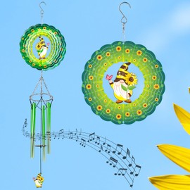 Leafcraft Green Cute Sunflower Gnome Wind Chime 3D Display Wind Spinner Birthday Memorial Gift Metal Decorative Wind Chimes for Yard, Garden, Backyard and Patio Outside Outdoor Decoration