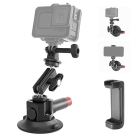 FIFIELD 3"/7.6cm Camera Suction Cup Phone Mount with Ball Head Magic Arm, Quick Release Car Mount for Action Camera Phone DJI Insta360, Air Pump Vacuum Suction Cup, 1/4" &3/8" ARRI Holes