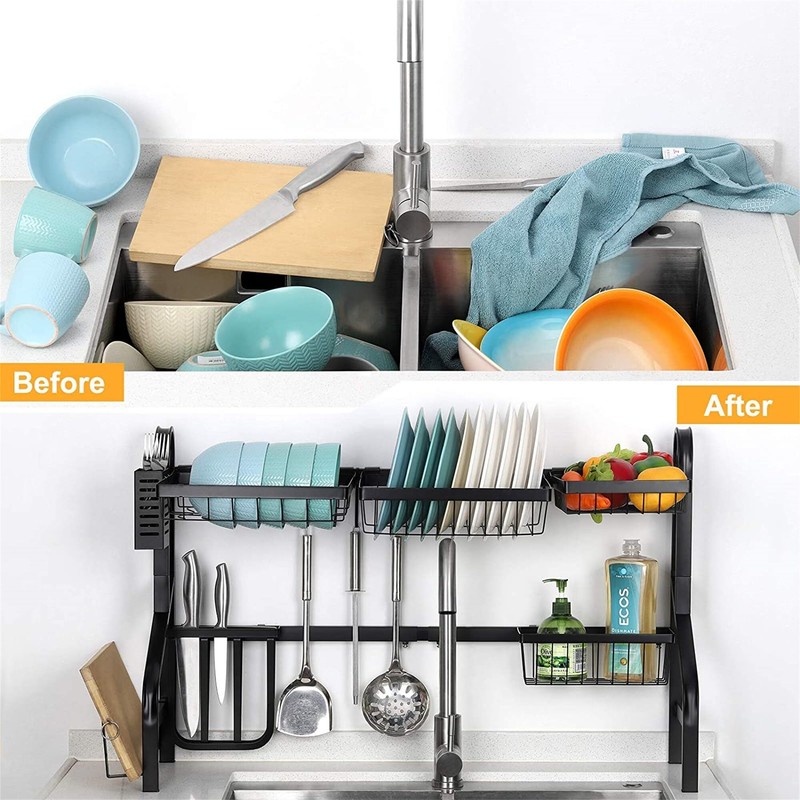 2 Tier Kitchen Dish Rack Over The Sink Width Adjustable,