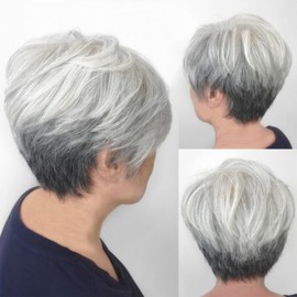Liyouda Mix Grey and Black Pixie Wigs Sliver Gray Wigs Old Lady Pixie Cut Wigs for Women Pixie Hair Wig With Bang Synthetic Short Straight Grey Pixie Cut Wig with Bangs for White Women