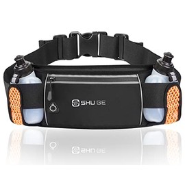 Cangurera Deportiva con 2 botellas de agua (2 x 280 ml),Riñonera reflectante para correr,Bolsa de cintura deportiva ajustable para maratón,Ideal para 