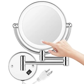 Wall Mounted Lighted Makeup Mirror, 8 Inch Double-Sided 1X 5X Magnifying Mirror for Bathroom, 11'' Extendable Arm, 360° Swivel, Touch DimmableLED Lights, Powered by Plug in, Chrome